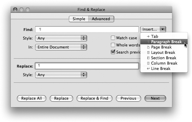 The Insert menus in the Find & Replace dialog box let you add invisibles to your search phrase or replacement text.