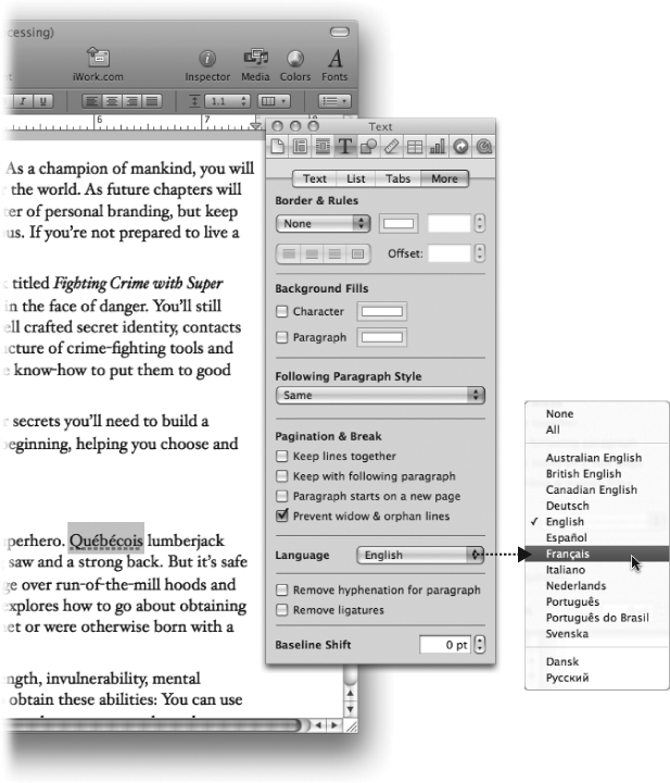 The Language setting, in the Text Inspector → More pane, lets you tell Pages what language you’re using for specific passages of your text. Highlight the text and choose the appropriate language from the Language pop-up menu.