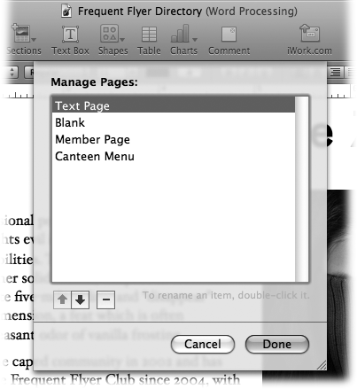 Choose Format → Advanced → Manage Pages to rename or delete any of your captured sections or pages. To rename one, double-click its name in the Manage Pages list and type a new name. To delete an entry, select it in the list and click the - button. (This doesn’t affect any text in your document; it simply removes the item from the Sections or Pages menu, so it’s no longer available to add in the future.)