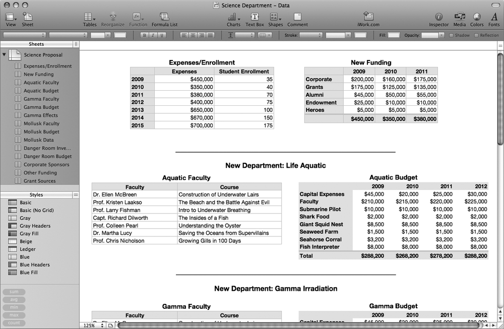 The faculty’s spreadsheet contains the raw data for their presentation. It’s got some summary data (projected expenses, enrollment, and funding), followed by faculty and budget information for the new departments. There are also some statistics supporting the need for each department and a few tables of details about funding sources. As the designer, your job is to organize this data so that it’s easy to understand, helping to forcefully make the faculty’s point.