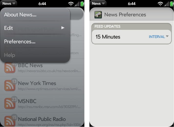 The News Application menu with a Preferences scene