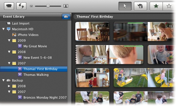 When you click an Event name (left), iMovie shows you all the video clips that it contains (right).