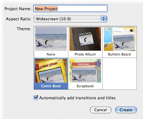 Each of these themes has its own character and style. You can skim across them to get an idea of what your project will look like. If you want iMovie to automatically insert theme elements as you go, check the box "Automatically add transitions and titles" that appears when you click your chosen theme.