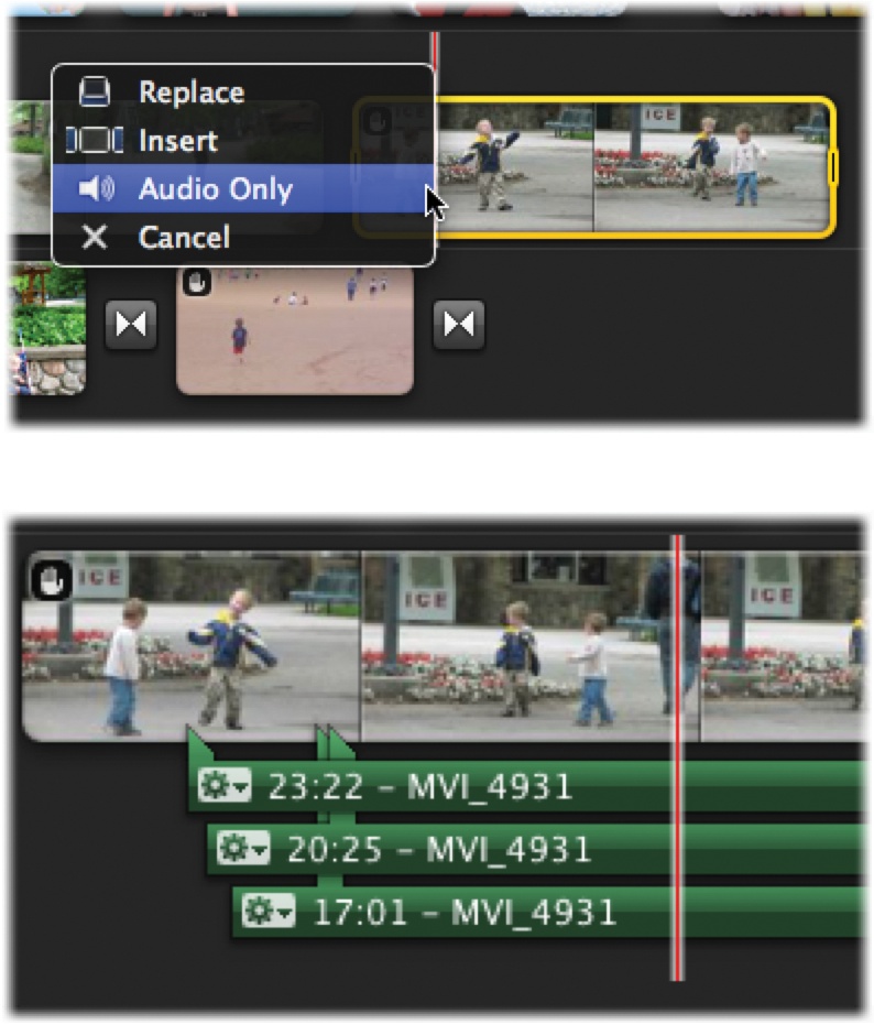 Top: Highlight part of a filmstrip in your Event Browser, and then drag the selection into your storyboard. When you let go, the Drag and Drop menu appears. Click Audio Only.Bottom: The camcorder audio appears as an independent clip, which you can manipulate exactly as though it's any ordinary audio clip: delete it, shorten it, trim it, move it, and so on. You can create a reverb or echo effect by overlaying the same extracted audio several times.