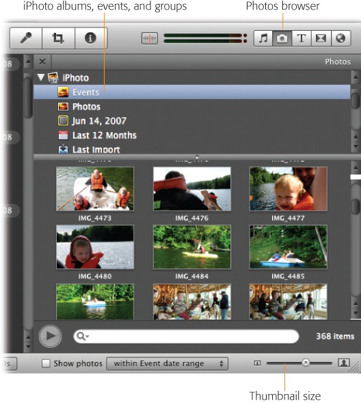 The Photos Browser shows all the pictures you've imported into iPhoto (or Aperture, if you have it). Use the navigation panel to limit the photo display to those in a certain album or folder. (The white lettering at the lower right tells you how many pictures are in that album or folder—or in your entire library, if that's what you're seeing.) Note the Search box. As you type into it, iMovie smoothly hides all photos except the ones whose names or keywords contain matching text. It's an amazingly quick way to pinpoint one photo out of several thousand. To clear the search box and return to viewing all photos, click the at the right end of the box.