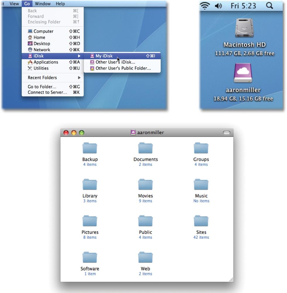 To summon your iDisk icon to the screen, choose its name from the Go menu in the Finder (top left). The icon appears on your desktop, bearing your member name (top right). Double-click it—and wait—to see its contents (bottom). Then copy the movies you want to post online into the Movies folder.