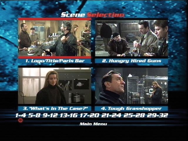 Most DVDs have something called a scene menu, like this one (from the movie Ronin), which lets viewers jump directly to their favorite scenes in the movie. Your DVD scene menus probably won't be quite this elaborate, but you get the idea.