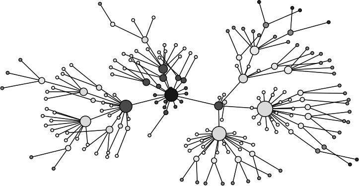 Visualization with NetworkX and Matplotlib: Part of the WordNet hypernym hierarchy is displayed, starting with dog.n.01 (the darkest node in the middle); node size is based on the number of children of the node, and color is based on the distance of the node from dog.n.01; this visualization was produced by the program in .