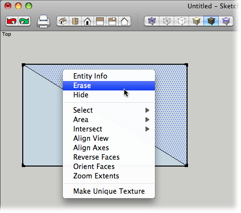 To erase a face, right-click the face and then choose Erase from the shortcut menu. You can always erase lines and faces by using the shortcut menu, no matter what tool is selected.