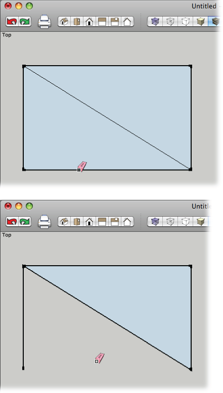 When you erase a perimeter edge that defines a face (top), the face disappears (bottom), because the edges are no longer a closed loop.