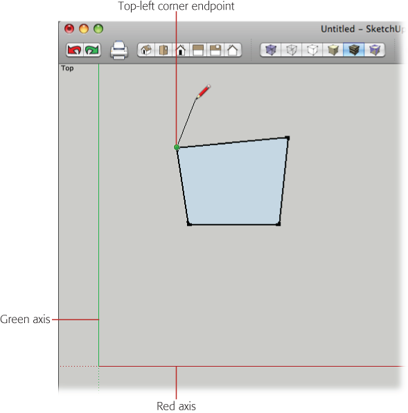 Your polygon doesn't have to align with any of the axes for this exercise. In Top view, you see lines representing the green and red axes.