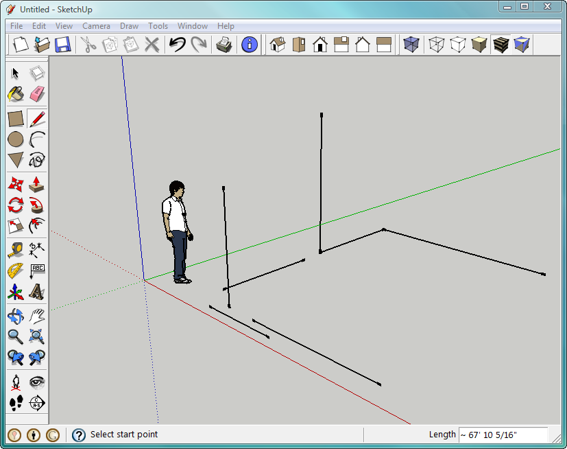 It's easy to draw lines that snap to an axis in one of the head-on views such as Top or Front. When you want to see the 3-D relationships between objects, use the Orbit (O) tool, which gives you a perspective such as this that's below and behind Sang and his lines.