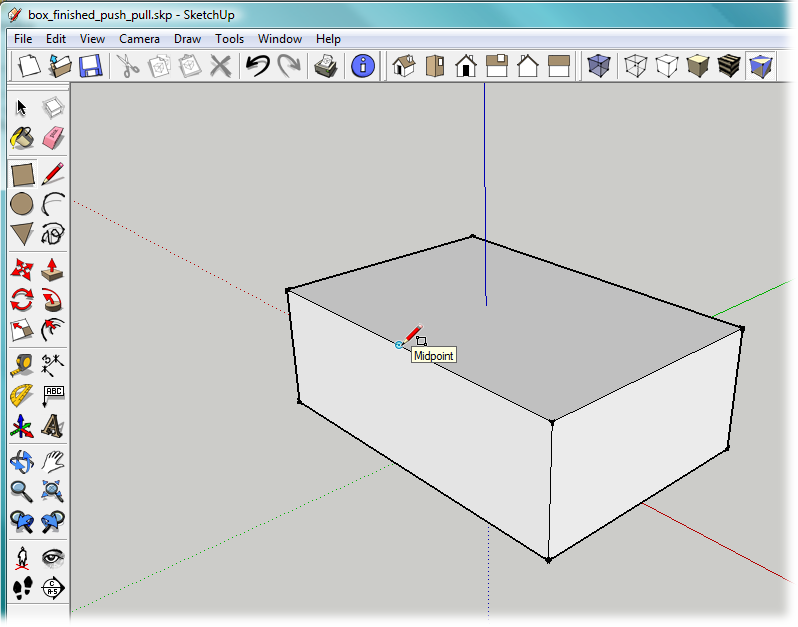 Each edge on the box has two endpoints and a midpoint. To find the midpoint, move the cursor slowly along the edge. The cursor snaps to the midpoint when it gets close, and you see a tooltip that says "Midpoint".