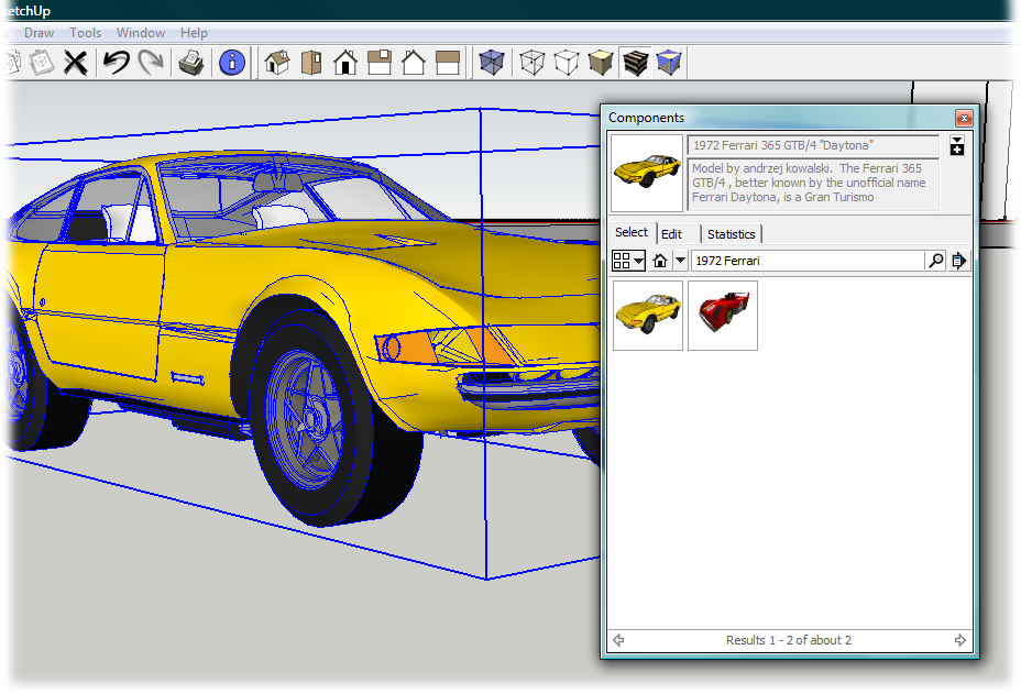 Need a component for your model? Just type a word or two in the Search box and SketchUp hunts it down.