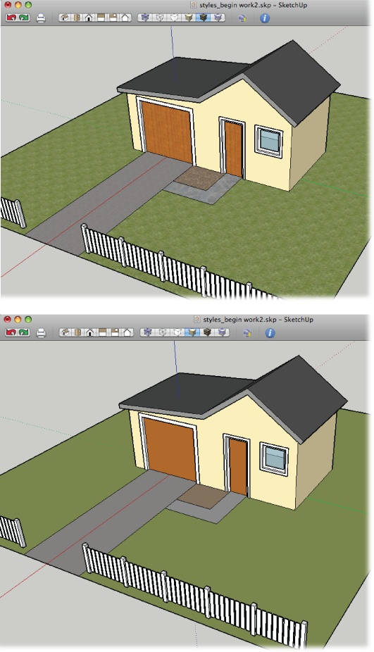 With colors and textures applied to your model, you can begin to see the differences between the face styles. The top image shows the Shaded face style. You see the base colors but no textures. The bottom image is the Shaded With Textures view.