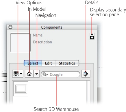 The Components window packs a lot of SketchUp power in a small bit of real estate. Use the buttons above the preview area to adjust your view of components, to choose which collections appear in the window, and to search for components including those stored on the Internet in the 3D Warehouse.
