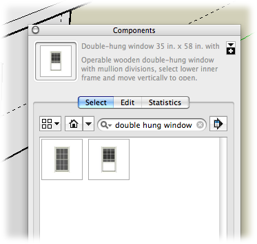 Type some keywords in the Search box, and SketchUp shows you matching components. In this figure you see double-hung windows that meet the 35 x 58 dimensions.