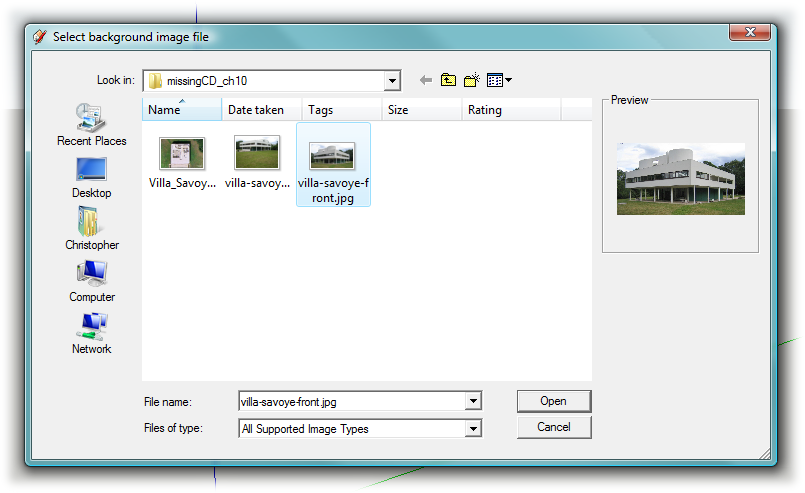 Use the "Files of type" menu to choose a specific image format such as JPEG. To display all the types of image files that SketchUp can import, choose All Supported Image Types as shown here.