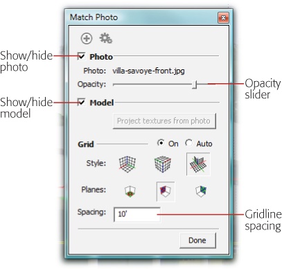 You use the Match Photo window as you calibrate SketchUp to work with an imported photo. The settings let you show and hide the photo and your model as well as the appearance of the gridlines shown over the photo. When you choose Done, the grid disappears.