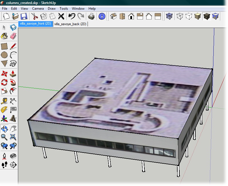 Once the texture image is applied and positioned, it looks like this. In some cases just applying an image may be enough. In this case you can use the image as a reference for creating 3-D details for the Villa Savoye model.