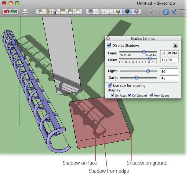 Use the checkboxes at the bottom of the Shadow Settings window to control shadows in your model. In this image, shadows appear both on the ground plane and on faces in the model. In addition to faces, single edges also cast shadows.