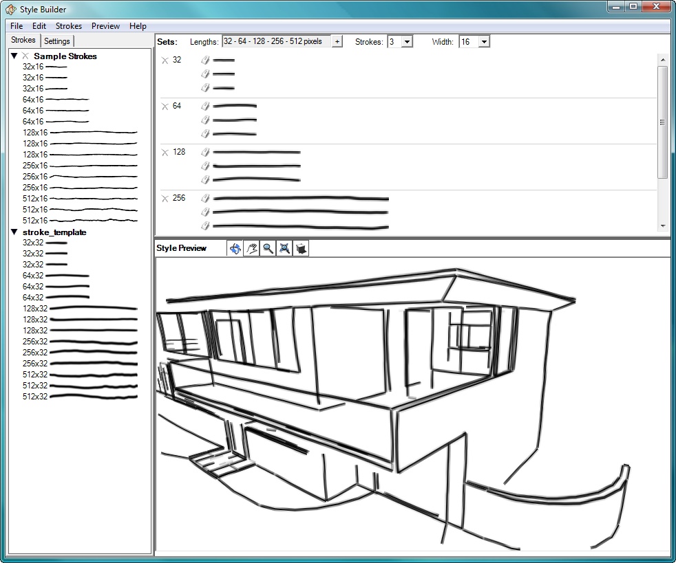 When you load your template, the strokes appear in the Strokes tab, and SketchUp applies them to the model in the Preview pane. Use the Preview tools to change your view of the model and to see how the strokes change with the view.