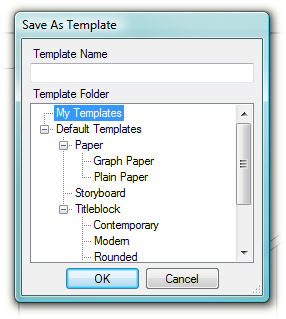 The Save As Template window shows two boxes: Template Name and Template Folder. LayOut automatically selects My Templates as a location for your new template, but you can select any of the other folders in the list.