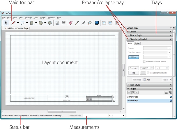 The first time you open LayOut, you see the workspace organized much as this example is. You can rearrange things by dragging the Default tray or Main toolbar to different locations.