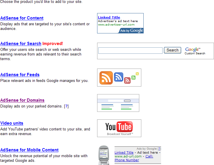 The Get Ads page is your gateway to deployment of the various AdSense programs