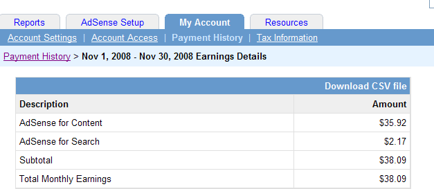 The detailed monthly earnings screen shows you how much revenue came from AdSense for Content and how much came from AdSense for Search, as well as income from other programs such as AdSense for Domains