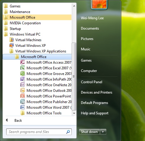 All Windows XP applications are now available in Windows 7’s Start menu