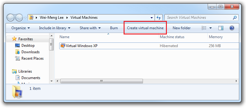 The Virtual Machines window, displaying the virtual machines you have installed on your computer