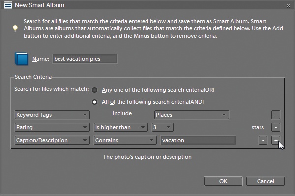 When you create a Smart Album, this dialog box appears so you can choose criteria for it. Click the + sign button to add another search parameter. Here, the Smart Album "Best Vacation Pics" is set up to include photos with tags in the Places category, ratings of more than three stars, and the word "vacation" in the caption or description. All the photos that meet all three of these criteria automatically join the album.