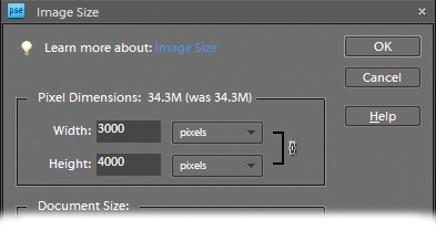 The Image Size dialog box gives you two different ways to change the size of your photo. Use the Pixel Dimensions section (shown here) when preparing a photo for onscreen viewing. (The number next to Pixel Dimensions—here, 34.3M—tells you the current size of your file in megabytes [as in this example] or in kilobytes.) Before you can make any changes here, you have to turn on the Resample Image checkbox at the bottom part of the dialog box (not visible here), since changing pixel dimensions always involves resampling (see ).