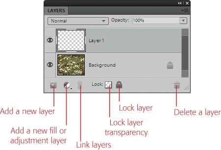 More controls in the Layers panel. At the bottom left of the panel, click the little "Create a new layer" icon when you want to quickly add a new layer.