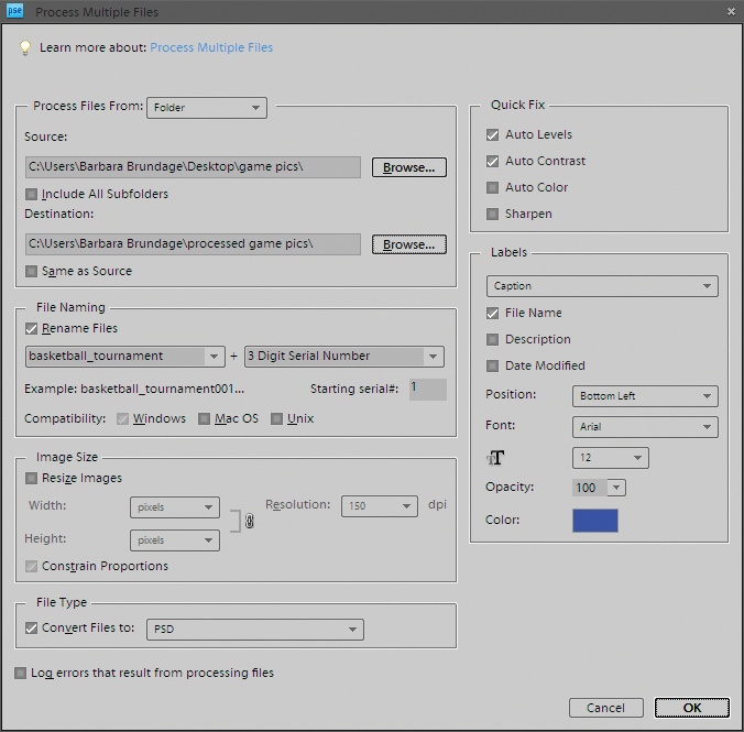 You could call Process Multiple Files "Computer: Earn Your Keep", because it can make so many changes at once. This dialog box is set up to apply the following changes: Rename every file (from things like PICT8983 to basketball_tournament001, basketball_tournament002, and so on), change the images to PSD format, apply Auto Levels and Auto Contrast, and add the filename as a caption. You make all that happen just by clicking the OK button.