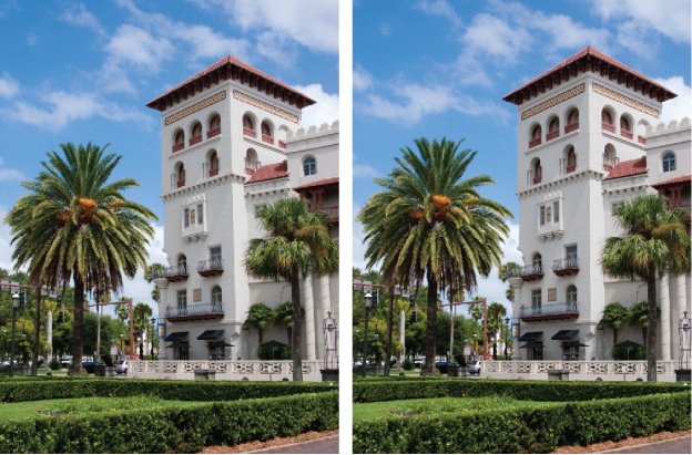 Left: While you might use Correct Camera Distortion () to straighten a slanting building like this, you can also use the Transform commands, a better choice when you only need to adjust one side, as in this image.Right: Here, it took only a dose of Skew and a bit of Distort to pull the building straight and make it tall again.