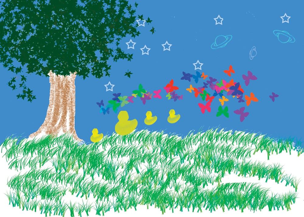 You can digitally doodle using brushes, even if you can't draw a straight line. Everything in this lovely drawing was done with brushes that come with Elements. The leaves were painted with a brush that paints leaves; the yellow ducks come from a brush that paints ducks, and so on.