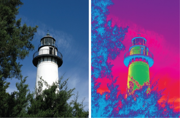 Left: A very ordinary shot of a lighthouse.Right: The image becomes something altogether different when you apply a gradient map adjustment.