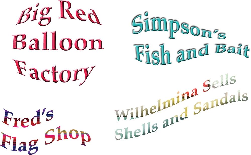 Elements gives you oodles of ways to warp your text. Here are just a few of the basic warps, applied using their standard settings. Clockwise from the upper left: Inflate, Fish, Rise, and Flag. You can tweak these effects endlessly using the sliders in the Warp dialog box. (These examples also have Layer styles applied to them.)