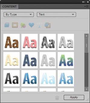 The Content panel includes a whole section of text effects. Most, like Animal Fur Zebra and Denim, are unique to this section. Others, like Bevel, are just shortcuts for effects you could also achieve using Layer styles, gradients, or other Elements tools.