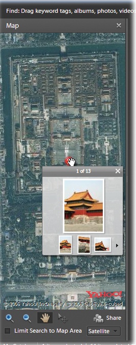 To see the Yahoo Map pane, go to Window → Show Map, or right-click a photo or tag (label) and choose , and then enter the location where you want to attach the photo. Once you're in Map view, you can click a pin to see the photos attached to that spot. Click the large thumbnail on the little pop-out window for a full-screen slideshow of the pin's photos with the same options, like music and transitions, that you have for other Full Screen view slideshows (). Press Esc to get back to the map.