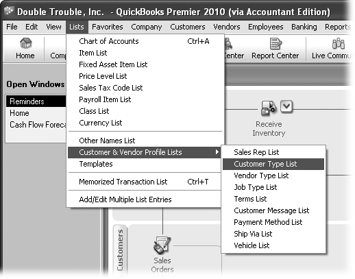 Instead of filling pages with long and hard-to-follow instructions for navigating through nested menus and nested folders, the arrow notations are concise, but just as informative. For example, choosing Lists → Customer & Vendor Profile Lists → Customer Type List takes you to the menu shown here.