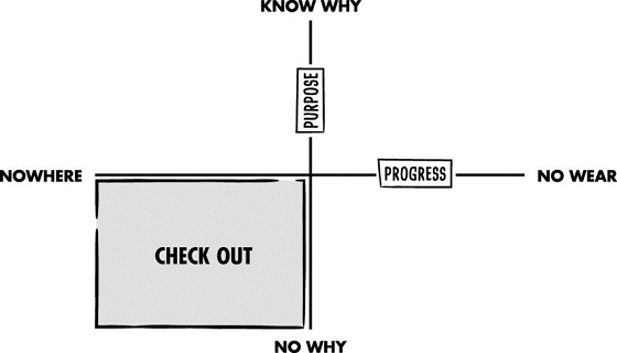 Diagram shows a progress and purpose continuum intersecting perpendicularly with nowhere and no wear on the horizontal ends and know why and no why on the vertical ends respectively. A check out box is placed between nowhere and no why.