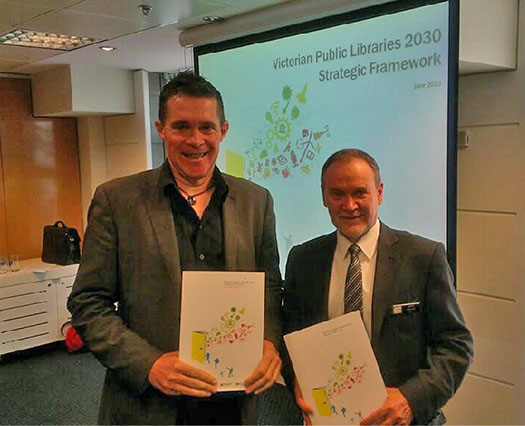 The author Steve Tighe with John Murrell (right)  at the launch of the Victorian Public Libraries 2030 Strategic Framework, June 2013.