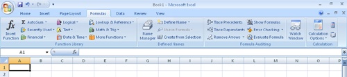 The Formula Auditing group on the Formulas tab provides access to most of the Excel 2007 auditing features.