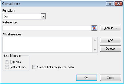 The default function in the Consolidate dialog box is Sum.