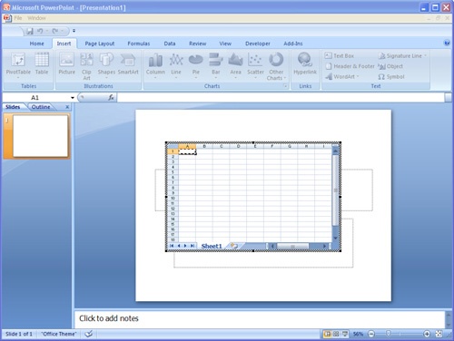 You can create a new Excel 2007 table within PowerPoint 2007 or paste in an existing one.