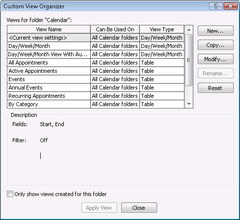 The Custom View Organizer dialog box allows you to see and work with the currently defined views as well as create new ones.