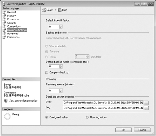 The Database Settings page of the Server Properties dialog box.